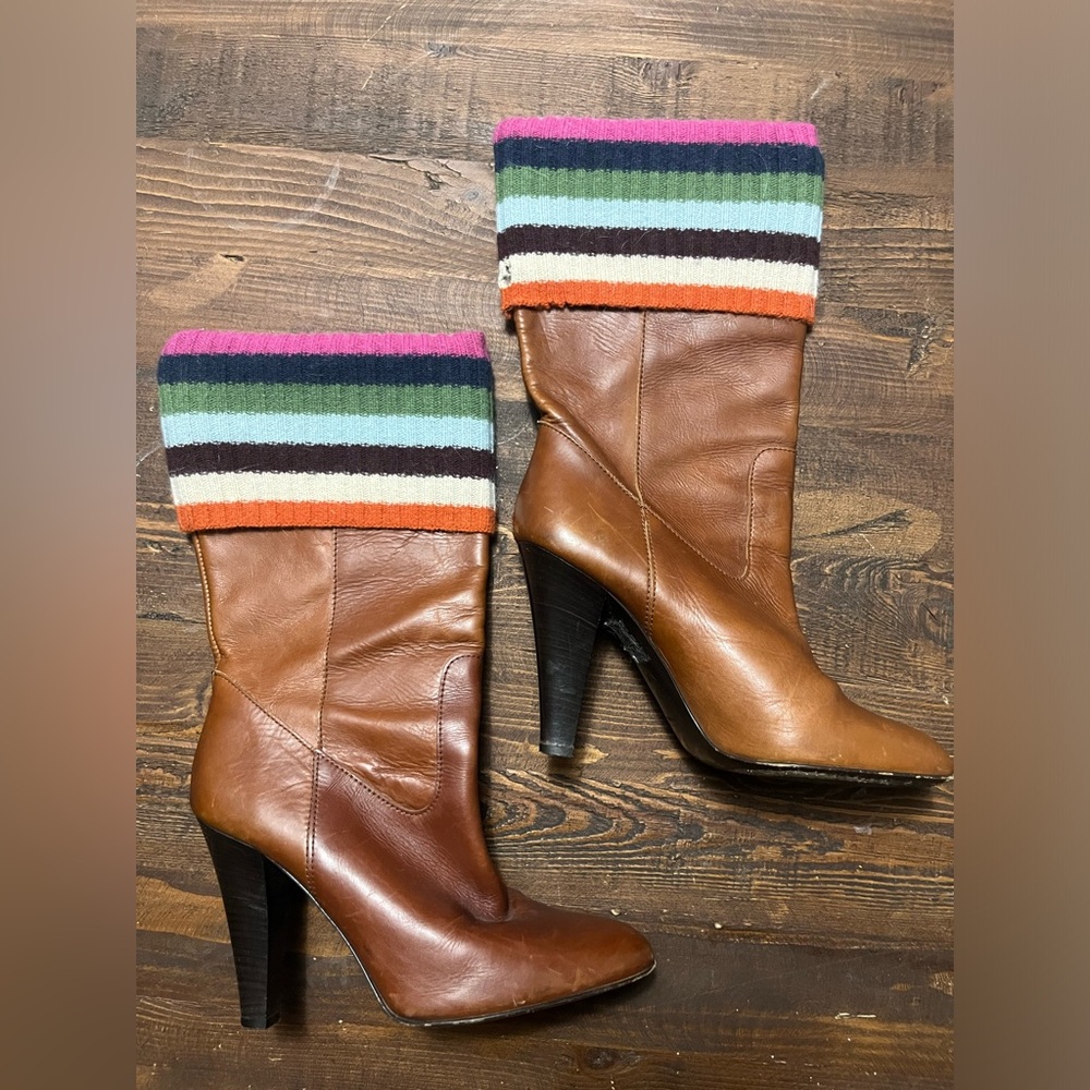 Coach Monika Striped Knit Leather Boots